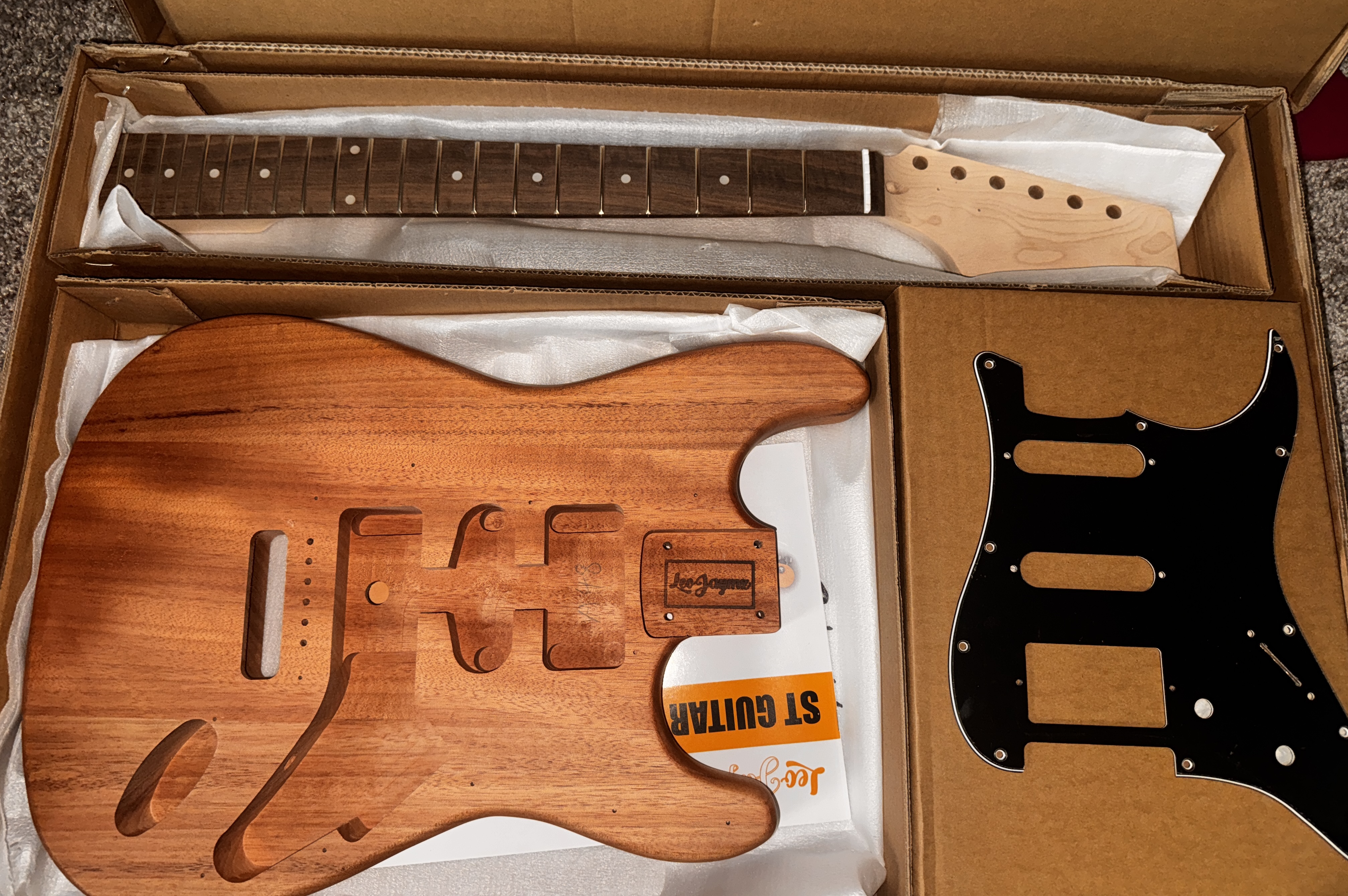 An S-style electric guitar kit prepared for a build diary.