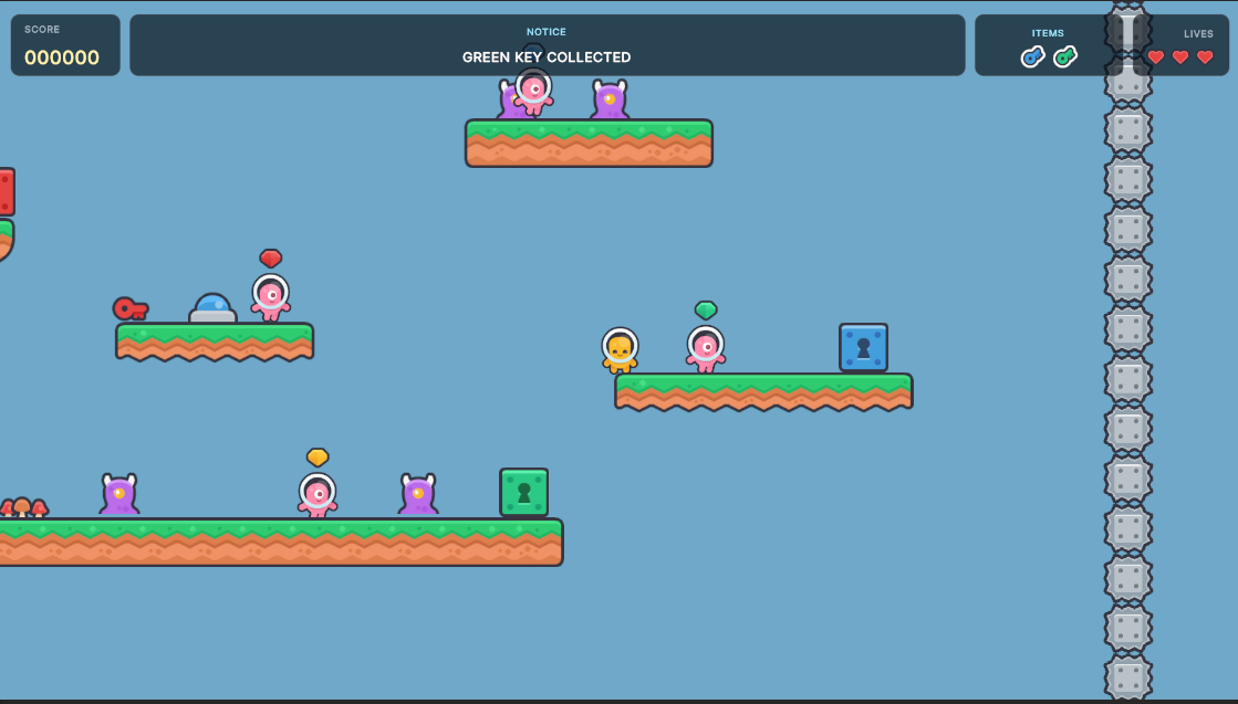 Courier 16 test level showing the player, translucent HUD, collected keys, lockboxes, moving meanies, delivery customers with colour indicators, and lava and spike death zones.