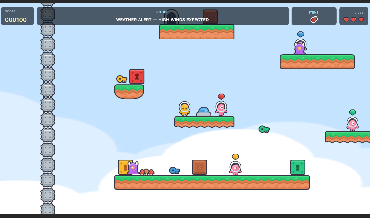 Courier 16 gameplay showing the static cloud background, weather alert notice, HUD, pickups, platforms, and multiple meanie types.