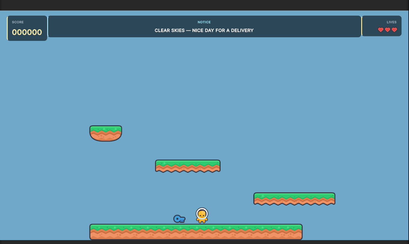 Courier 16 running in Unity Game view with the HUD visible, a blue sky background, platforms, player sprite, and key pickup.