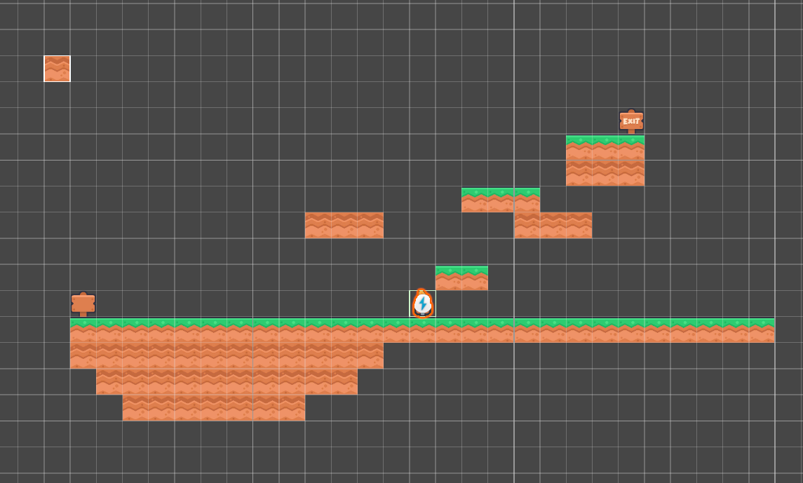 Courier 16 tilemap movement test in Unity Scene view showing platforms, a player marker, and an exit sign.